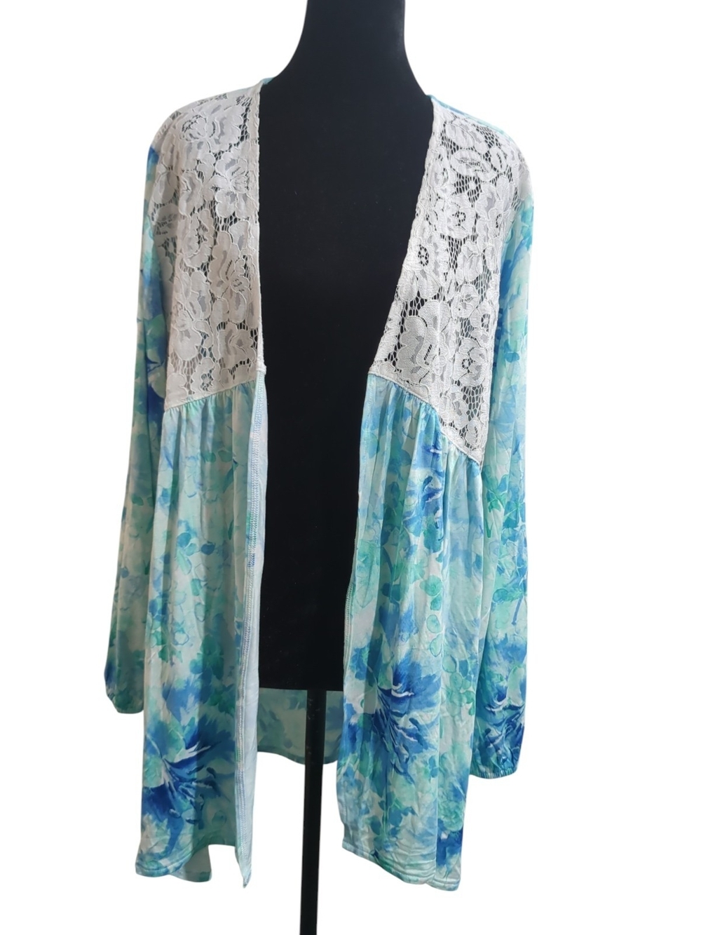 Colleen Lopez XL Blue Watercolor Floral Lace Kimono Cardigan Open Front Coastal